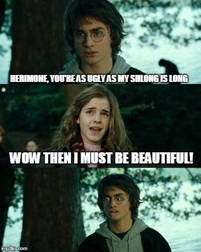 Payback time Harry | HERIMONE, YOU'RE AS UGLY AS MY SHLONG IS LONG WOW THEN I MUST BE BEAUTIFUL! | image tagged in harry got punked,nsfw,memes,mean harry | made w/ Imgflip meme maker