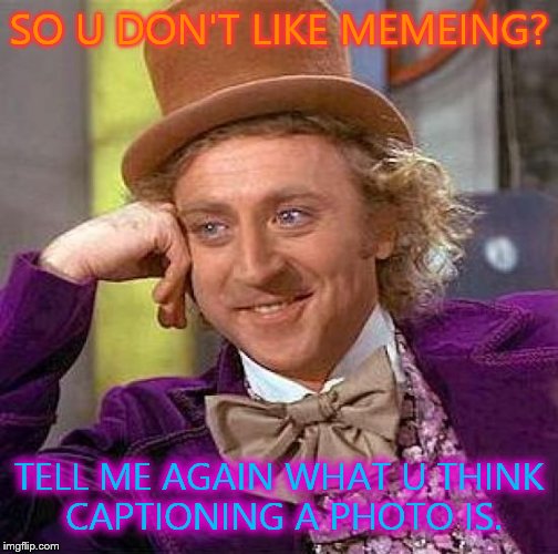 Creepy Condescending Wonka Meme | SO U DON'T LIKE MEMEING? TELL ME AGAIN WHAT U THINK CAPTIONING A PHOTO IS. | image tagged in memes,creepy condescending wonka | made w/ Imgflip meme maker