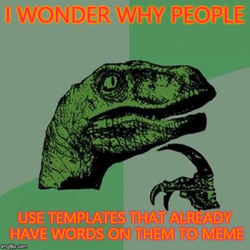 Philosoraptor Meme | I WONDER WHY PEOPLE USE TEMPLATES THAT ALREADY HAVE WORDS ON THEM TO MEME | image tagged in memes,philosoraptor | made w/ Imgflip meme maker