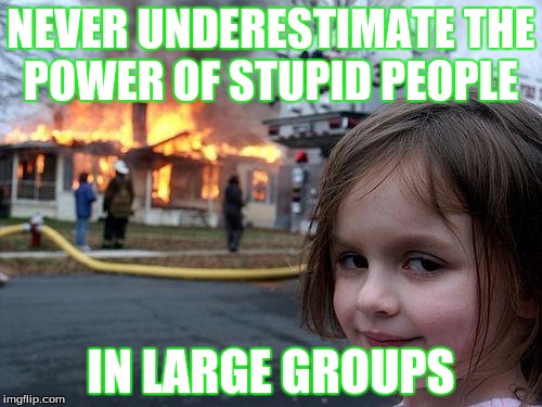 Disaster Girl | NEVER UNDERESTIMATE THE POWER OF STUPID PEOPLE IN LARGE GROUPS | image tagged in memes,disaster girl | made w/ Imgflip meme maker