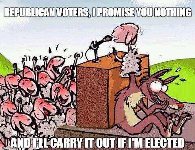 REPUBLICAN VOTERS, I PROMISE YOU NOTHING AND I'LL CARRY IT OUT IF I'M ELECTED | image tagged in funny,memes,politics,liars,republicans,republican | made w/ Imgflip meme maker