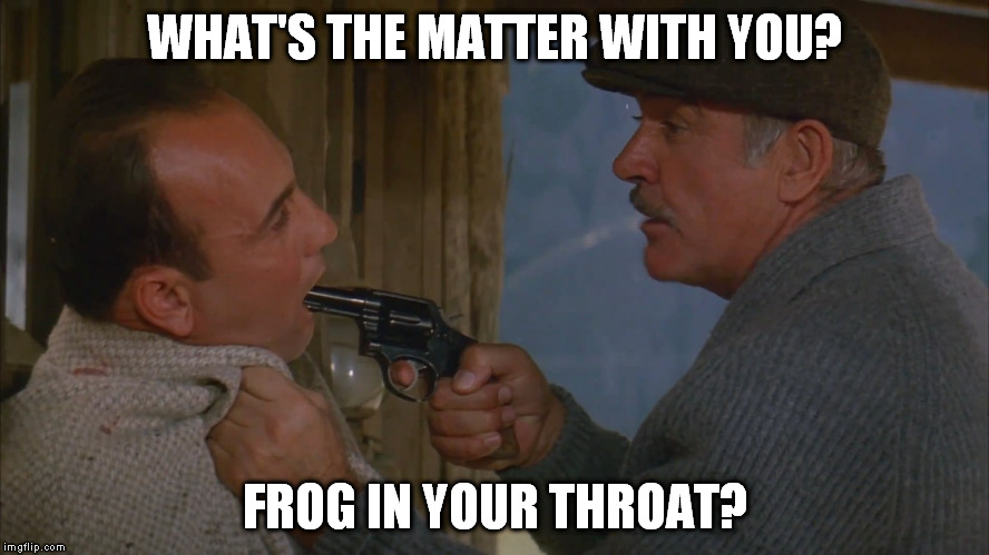froginthroat | WHAT'S THE MATTER WITH YOU? FROG IN YOUR THROAT? | image tagged in sean connery  kermit | made w/ Imgflip meme maker