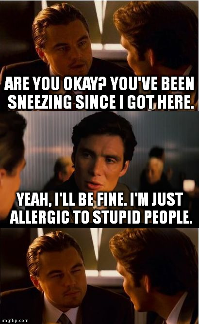 Inception | ARE YOU OKAY? YOU'VE BEEN SNEEZING SINCE I GOT HERE. YEAH, I'LL BE FINE. I'M JUST ALLERGIC TO STUPID PEOPLE. | image tagged in memes,inception | made w/ Imgflip meme maker