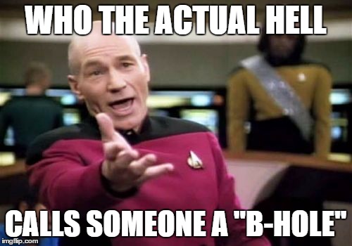 Picard Wtf Meme | WHO THE ACTUAL HELL CALLS SOMEONE A "B-HOLE" | image tagged in memes,picard wtf | made w/ Imgflip meme maker