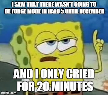 Everybody I know was like this... | I SAW THAT THERE WASN'T GOING TO BE FORGE MODE IN HALO 5 UNTIL DECEMBER AND I ONLY CRIED FOR 20 MINUTES | image tagged in memes,ill have you know spongebob,halo 5 | made w/ Imgflip meme maker