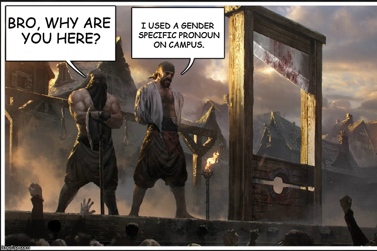 Campus Guillotine | BRO, WHY ARE YOU HERE? I USED A GENDER SPECIFIC PRONOUN ON CAMPUS. | image tagged in guillotine,memes | made w/ Imgflip meme maker