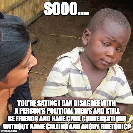 Third World Skeptical Kid Meme | SOOO.... YOU'RE SAYING I CAN DISAGREE WITH A PERSON'S POLITICAL VIEWS AND STILL BE FRIENDS AND HAVE CIVIL CONVERSATIONS WITHOUT NAME CALLING | image tagged in memes,third world skeptical kid | made w/ Imgflip meme maker