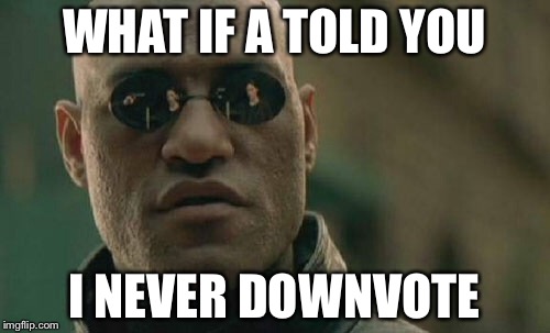 Matrix Morpheus | WHAT IF A TOLD YOU I NEVER DOWNVOTE | image tagged in memes,matrix morpheus | made w/ Imgflip meme maker