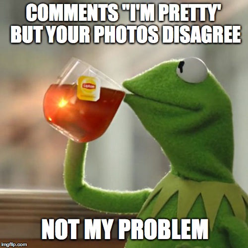 But That's None Of My Business Meme | COMMENTS "I'M PRETTY' BUT YOUR PHOTOS DISAGREE NOT MY PROBLEM | image tagged in memes,but thats none of my business,kermit the frog | made w/ Imgflip meme maker