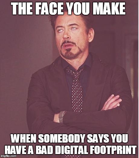 Face You Make Robert Downey Jr Meme | THE FACE YOU MAKE WHEN SOMEBODY SAYS YOU HAVE A BAD DIGITAL FOOTPRINT | image tagged in memes,face you make robert downey jr | made w/ Imgflip meme maker