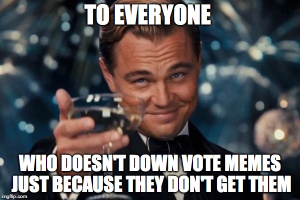 Leonardo Dicaprio Cheers | TO EVERYONE WHO DOESN'T DOWN VOTE MEMES JUST BECAUSE THEY DON'T GET THEM | image tagged in memes,leonardo dicaprio cheers | made w/ Imgflip meme maker