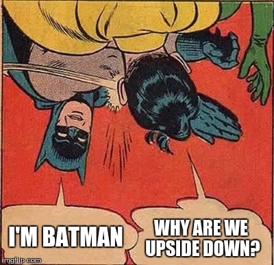 Batman Slapping Robin Meme | WHY ARE WE UPSIDE DOWN? I'M BATMAN | image tagged in memes,batman slapping robin | made w/ Imgflip meme maker