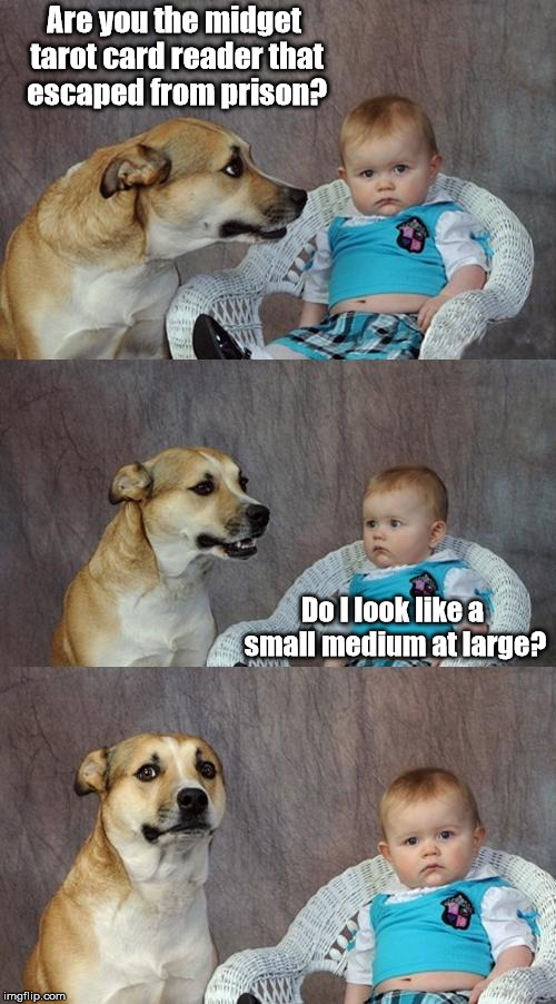 Extra medium? | Are you the midget tarot card reader that escaped from prison? Do I look like a small medium at large? | image tagged in memes,dad joke dog,meme | made w/ Imgflip meme maker