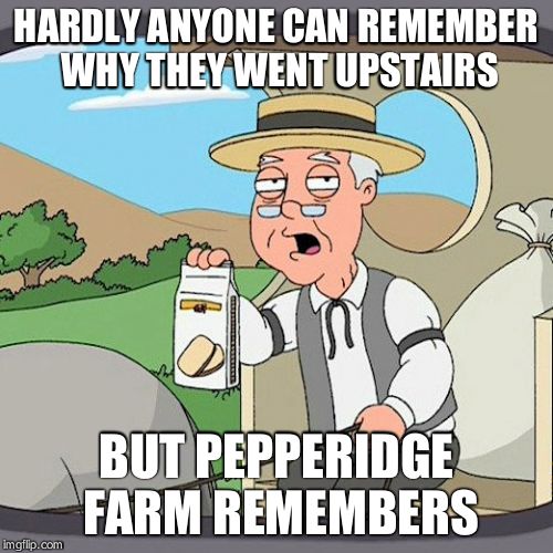 HARDLY ANYONE CAN REMEMBER WHY THEY WENT UPSTAIRS BUT PEPPERIDGE FARM REMEMBERS | image tagged in ciggjfhvticthggjfhhhg | made w/ Imgflip meme maker
