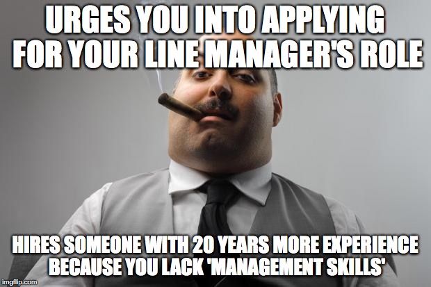 Scumbag Boss | URGES YOU INTO APPLYING FOR YOUR LINE MANAGER'S ROLE HIRES SOMEONE WITH 20 YEARS MORE EXPERIENCE BECAUSE YOU LACK 'MANAGEMENT SKILLS' | image tagged in memes,scumbag boss | made w/ Imgflip meme maker