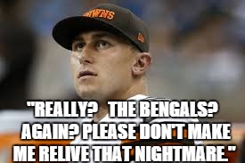 Johnny Football | "REALLY?   THE BENGALS?  AGAIN?PLEASE DON'T MAKE ME RELIVE THAT NIGHTMARE." | image tagged in football | made w/ Imgflip meme maker