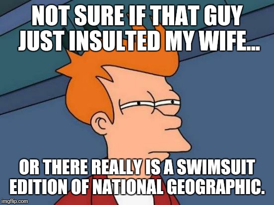 Futurama Fry Meme | NOT SURE IF THAT GUY JUST INSULTED MY WIFE... OR THERE REALLY IS A SWIMSUIT EDITION OF NATIONAL GEOGRAPHIC. | image tagged in memes,futurama fry | made w/ Imgflip meme maker