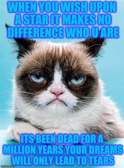 Grumpy Cat | WHEN YOU WISH UPON A STAR IT MAKES NO DIFFERENCE WHO U ARE ITS BEEN DEAD FOR A MILLION YEARS YOUR DREAMS WILL ONLY LEAD TO TEARS | image tagged in grumpy cat | made w/ Imgflip meme maker
