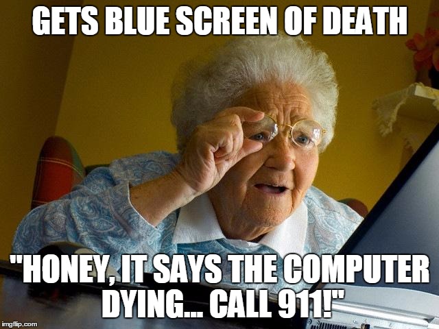 Grandma Finds The Internet Meme | GETS BLUE SCREEN OF DEATH "HONEY, IT SAYS THE COMPUTER DYING... CALL 911!" | image tagged in memes,grandma finds the internet | made w/ Imgflip meme maker