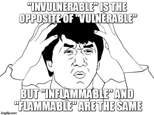 Jackie Chan WTF Meme | "INVULNERABLE" IS THE OPPOSITE OF "VULNERABLE" BUT "INFLAMMABLE" AND "FLAMMABLE" ARE THE SAME | image tagged in memes,jackie chan wtf | made w/ Imgflip meme maker