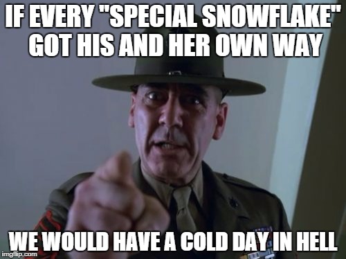 Sergeant Hartmann Meme | IF EVERY "SPECIAL SNOWFLAKE" GOT HIS AND HER OWN WAY WE WOULD HAVE A COLD DAY IN HELL | image tagged in memes,sergeant hartmann | made w/ Imgflip meme maker