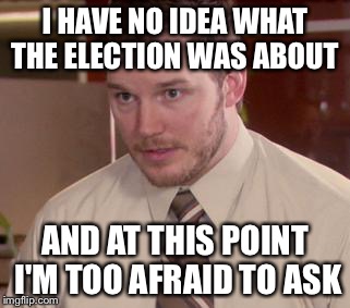 Afraid To Ask Andy (Closeup) Meme | I HAVE NO IDEA WHAT THE ELECTION WAS ABOUT AND AT THIS POINT I'M TOO AFRAID TO ASK | image tagged in and i'm too afraid to ask andy | made w/ Imgflip meme maker