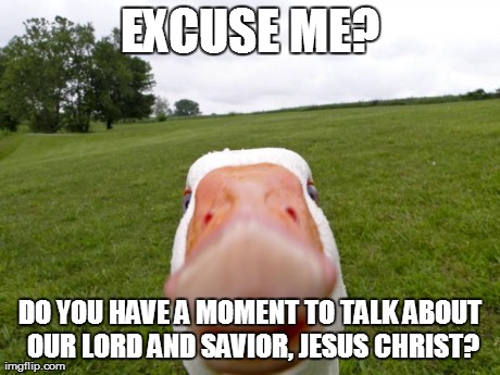 EXCUSE ME? DO YOU HAVE A MOMENT TO TALK ABOUT OUR LORD AND SAVIOR, JESUS CHRIST? | image tagged in funny,jesus,memes,animals | made w/ Imgflip meme maker