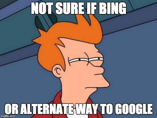 Seriously, does anyone actually use bing? | NOT SURE IF BING OR ALTERNATE WAY TO GOOGLE | image tagged in memes,futurama fry,funny memes,funny | made w/ Imgflip meme maker