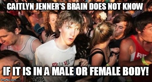 Sudden Clarity Clarence | CAITLYN JENNER'S BRAIN DOES NOT KNOW IF IT IS IN A MALE OR FEMALE BODY! | image tagged in memes,sudden clarity clarence | made w/ Imgflip meme maker