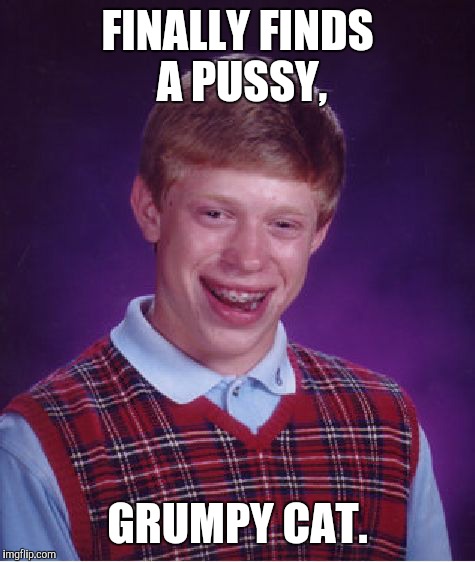 Bad Luck Brian Meme | FINALLY FINDS A PUSSY, GRUMPY CAT. | image tagged in memes,bad luck brian | made w/ Imgflip meme maker