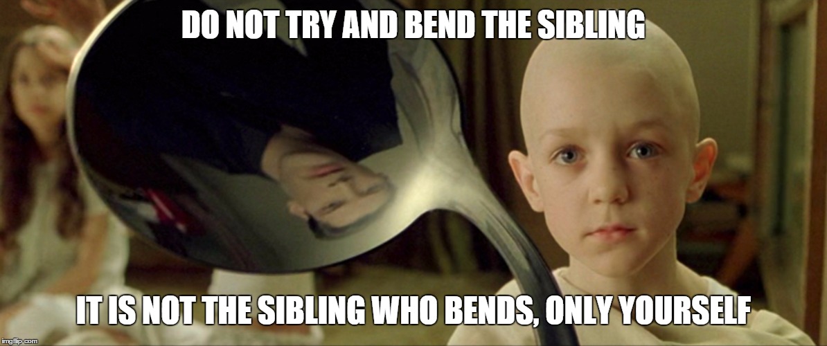 DO NOT TRY AND BEND THE SIBLING IT IS NOT THE SIBLING WHO BENDS, ONLY YOURSELF | image tagged in spoon boy | made w/ Imgflip meme maker