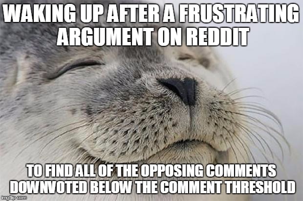 Satisfied Seal Meme | WAKING UP AFTER A FRUSTRATING ARGUMENT ON REDDIT TO FIND ALL OF THE OPPOSING COMMENTS DOWNVOTED BELOW THE COMMENT THRESHOLD | image tagged in memes,satisfied seal,AdviceAnimals | made w/ Imgflip meme maker