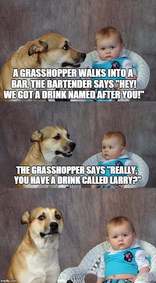 Dad Joke Dog Meme | A GRASSHOPPER WALKS INTO A BAR, THE BARTENDER SAYS "HEY! WE GOT A DRINK NAMED AFTER YOU!" THE GRASSHOPPER SAYS "REALLY, YOU HAVE A DRINK CAL | image tagged in memes,dad joke dog | made w/ Imgflip meme maker