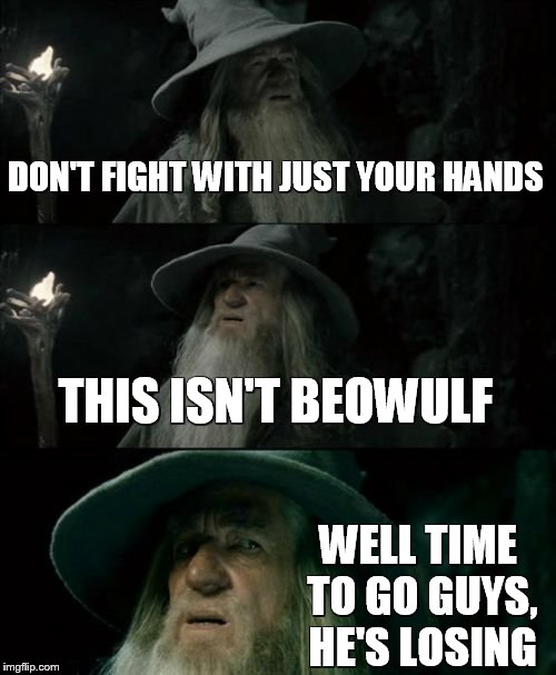 Confused Gandalf Meme | DON'T FIGHT WITH JUST YOUR HANDS THIS ISN'T BEOWULF WELL TIME TO GO GUYS, HE'S LOSING | image tagged in memes,confused gandalf | made w/ Imgflip meme maker