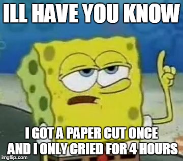 I'll Have You Know Spongebob | ILL HAVE YOU KNOW I GOT A PAPER CUT ONCE AND I ONLY CRIED FOR 4 HOURS | image tagged in memes,ill have you know spongebob | made w/ Imgflip meme maker
