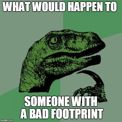 Philosoraptor Meme | WHAT WOULD HAPPEN TO SOMEONE WITH A BAD FOOTPRINT | image tagged in memes,philosoraptor | made w/ Imgflip meme maker