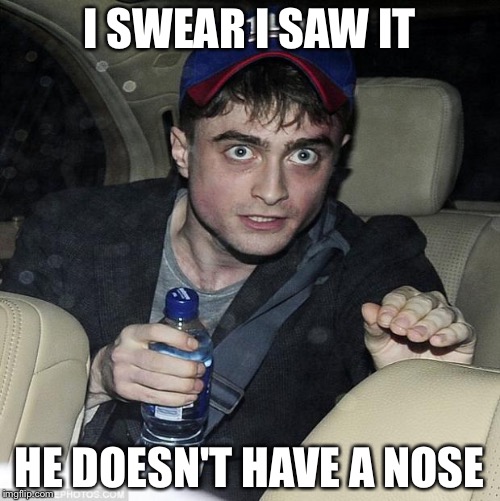 harry potter crazy | I SWEAR I SAW IT HE DOESN'T HAVE A NOSE | image tagged in harry potter crazy | made w/ Imgflip meme maker