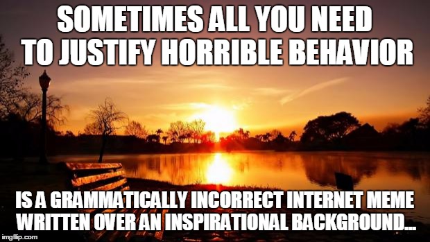 Bench Decisions | SOMETIMES ALL YOU NEED TO JUSTIFY HORRIBLE BEHAVIOR IS A GRAMMATICALLY INCORRECT INTERNET MEME WRITTEN OVER AN INSPIRATIONAL BACKGROUND... | image tagged in bench decisions | made w/ Imgflip meme maker