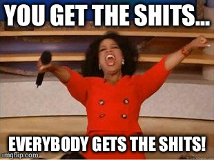 Oprah You Get A Meme | YOU GET THE SHITS... EVERYBODY GETS THE SHITS! | image tagged in you get an oprah | made w/ Imgflip meme maker