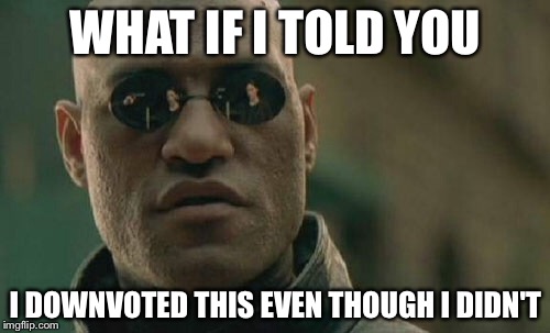 Matrix Morpheus Meme | WHAT IF I TOLD YOU I DOWNVOTED THIS EVEN THOUGH I DIDN'T | image tagged in memes,matrix morpheus | made w/ Imgflip meme maker