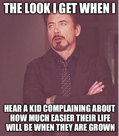 Face You Make Robert Downey Jr | THE LOOK I GET WHEN I HEAR A KID COMPLAINING ABOUT HOW MUCH EASIER THEIR LIFE WILL BE WHEN THEY ARE GROWN | image tagged in memes,face you make robert downey jr | made w/ Imgflip meme maker