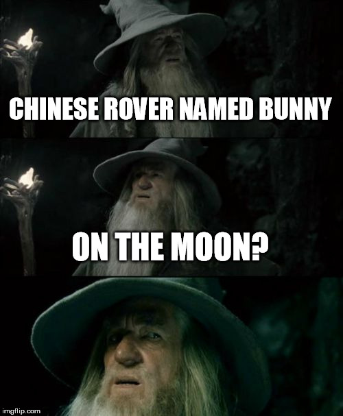 Confused Gandalf | CHINESE ROVER NAMED BUNNY ON THE MOON? | image tagged in memes,confused gandalf | made w/ Imgflip meme maker