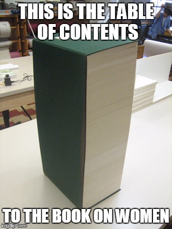 chapter 1 on women | THIS IS THE TABLE OF CONTENTS TO THE BOOK ON WOMEN | image tagged in chapter 1 on women | made w/ Imgflip meme maker