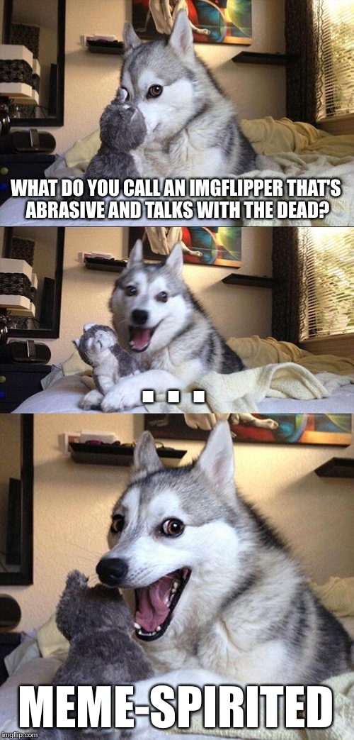 Bad Pun Dog | WHAT DO YOU CALL AN IMGFLIPPER THAT'S ABRASIVE AND TALKS WITH THE DEAD? . . . MEME-SPIRITED | image tagged in memes,bad pun dog | made w/ Imgflip meme maker