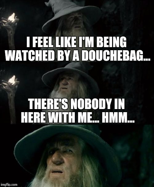 Confused Gandalf Meme | I FEEL LIKE I'M BEING WATCHED BY A DOUCHEBAG... THERE'S NOBODY IN HERE WITH ME... HMM... | image tagged in memes,confused gandalf | made w/ Imgflip meme maker