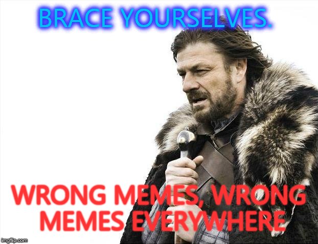Brace Yourselves X is Coming | BRACE YOURSELVES. WRONG MEMES, WRONG MEMES EVERYWHERE | image tagged in memes,brace yourselves x is coming | made w/ Imgflip meme maker