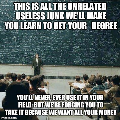 School | THIS IS ALL THE UNRELATED USELESS JUNK WE'LL MAKE YOU LEARN TO GET YOUR   DEGREE YOU'LL NEVER, EVER USE IT IN YOUR FIELD, BUT WE'RE FORCING  | image tagged in school | made w/ Imgflip meme maker