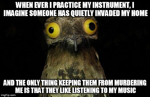 Weird Stuff I Do Potoo Meme | WHEN EVER I PRACTICE MY INSTRUMENT, I IMAGINE SOMEONE HAS QUIETLY INVADED MY HOME AND THE ONLY THING KEEPING THEM FROM MURDERING ME IS THAT  | image tagged in memes,weird stuff i do potoo,AdviceAnimals | made w/ Imgflip meme maker