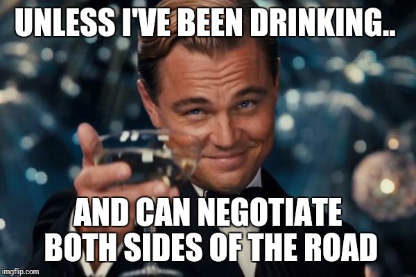 Leonardo Dicaprio Cheers Meme | UNLESS I'VE BEEN DRINKING.. AND CAN NEGOTIATE BOTH SIDES OF THE ROAD | image tagged in memes,leonardo dicaprio cheers | made w/ Imgflip meme maker