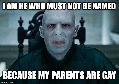 Lord Voldemort | I AM HE WHO MUST NOT BE NAMED BECAUSE MY PARENTS ARE GAY | image tagged in lord voldemort,exmormon | made w/ Imgflip meme maker